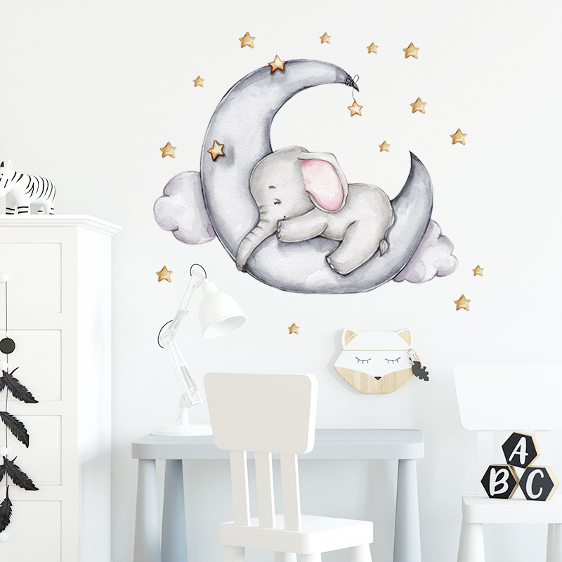 Baby Elephant Sleeping on the Moon Wall Stickers for Kids Room Bedroom Decorative Wall Decal