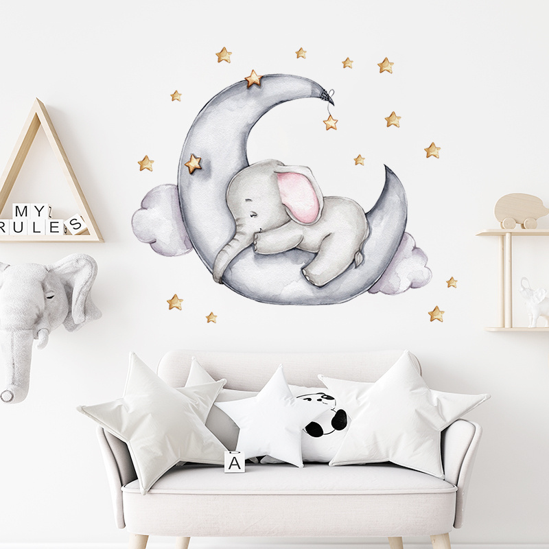 Baby Elephant Sleeping on the Moon Wall Stickers for Kids Room Bedroom Decorative Wall Decal