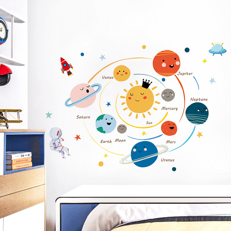 Hand Paint Space Solar System Planets Wall Stickers for Kids Room Bedroom Home Decoration Wall Decal