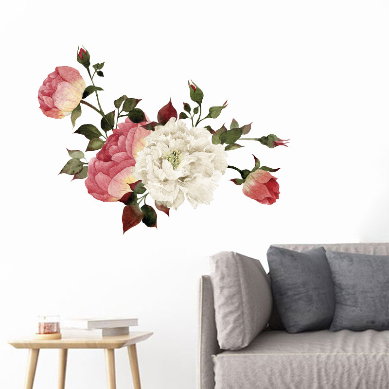 Large Peony Flowers Red and White Blossom Wall Stickers for Living Room Bedroom Home Decorative Wall Decal