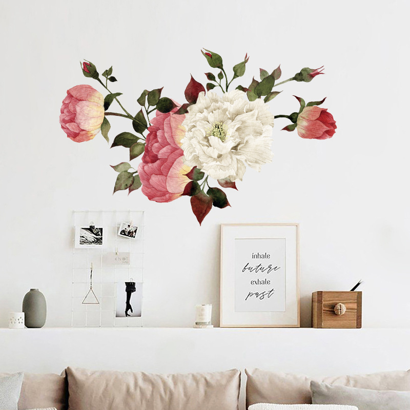 Large Peony Flowers Red and White Blossom Wall Stickers for Living Room Bedroom Home Decorative Wall Decal