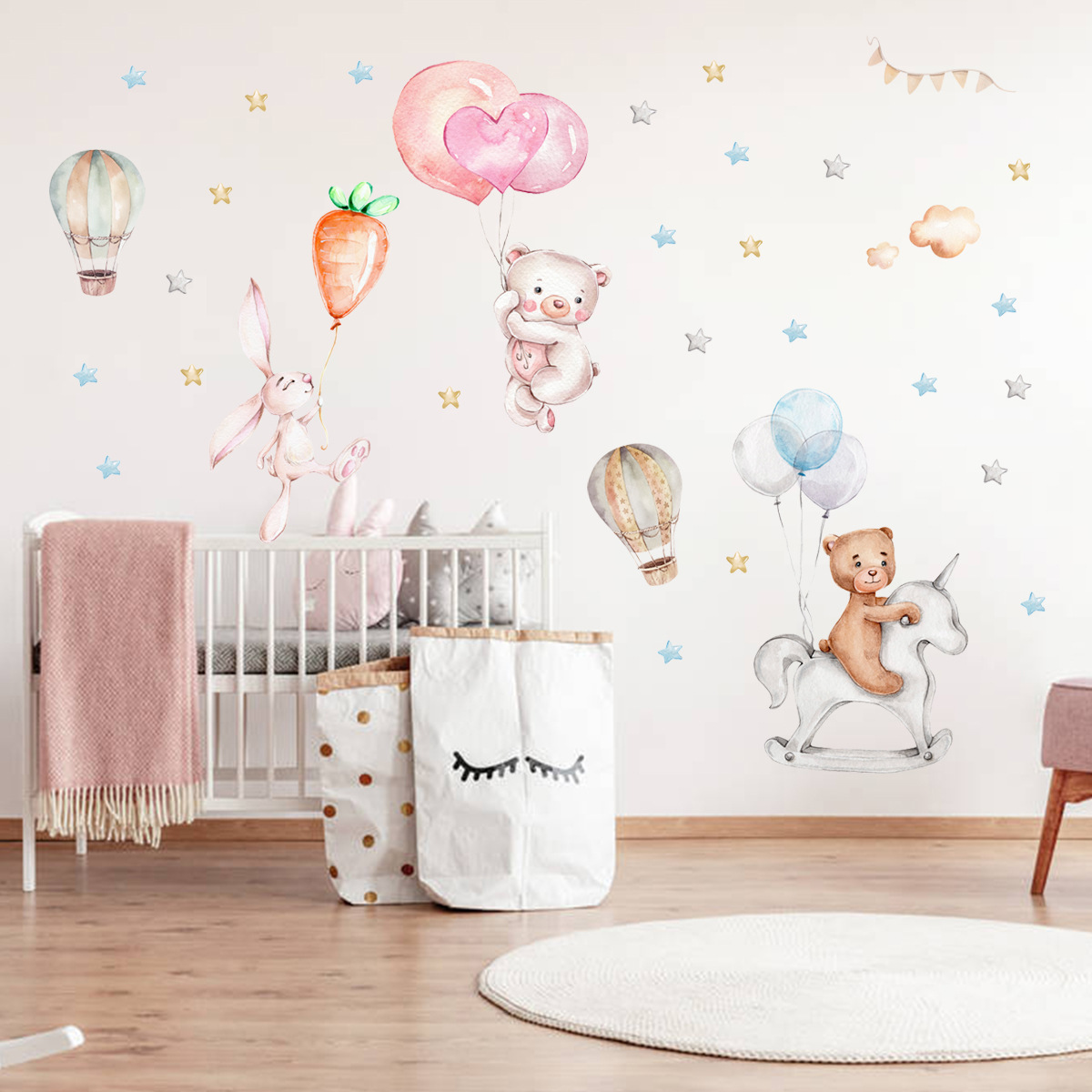 High Quality Nordic Style Self-adhesive Cartoon Hot Air Balloon Wall Sticker for Kids Room Bedroom Home Decoration Wall Decal