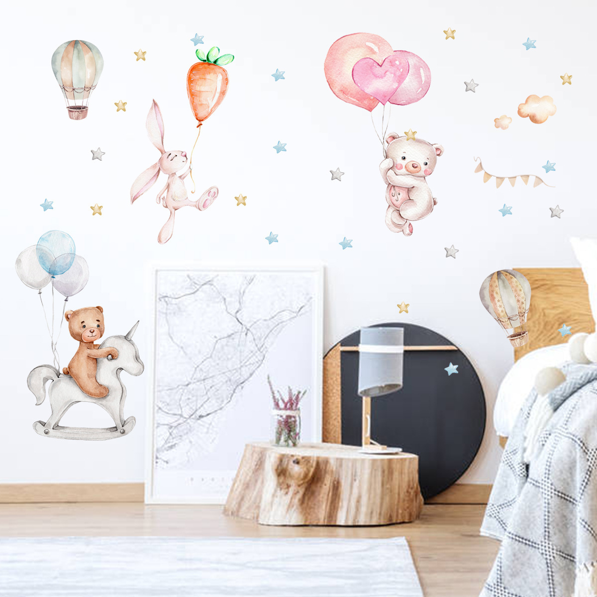 High Quality Nordic Style Self-adhesive Cartoon Hot Air Balloon Wall Sticker for Kids Room Bedroom Home Decoration Wall Decal