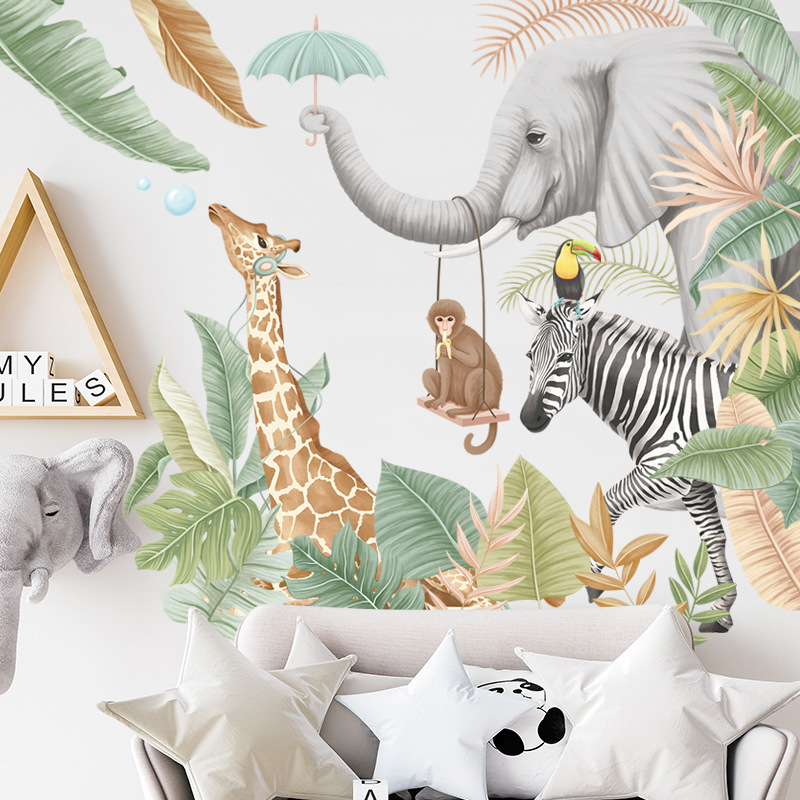 Cartoon Jungle Animals Plants African Elephant Wall Sticker for Kids room Nursery Home Decoration Wall Decal