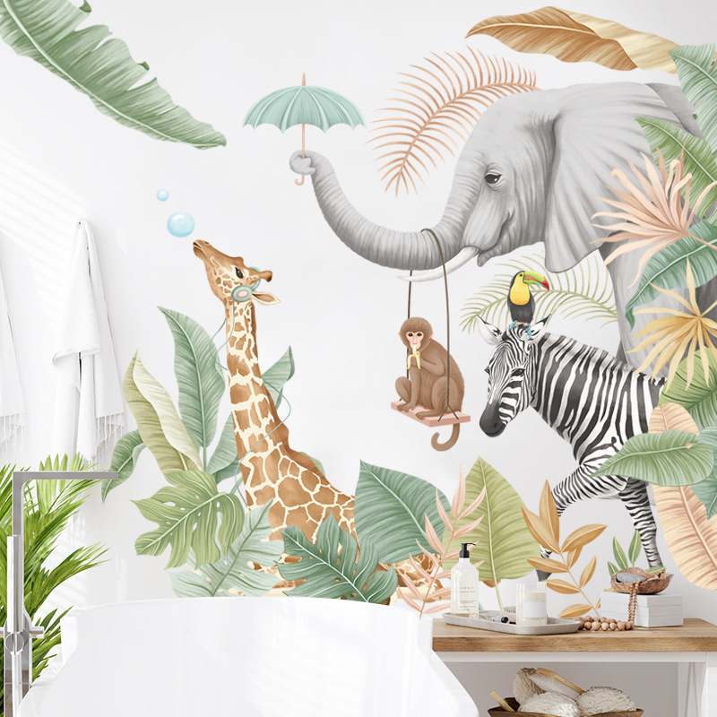 Cartoon Jungle Animals Plants African Elephant Wall Sticker for Kids room Nursery Home Decoration Wall Decal