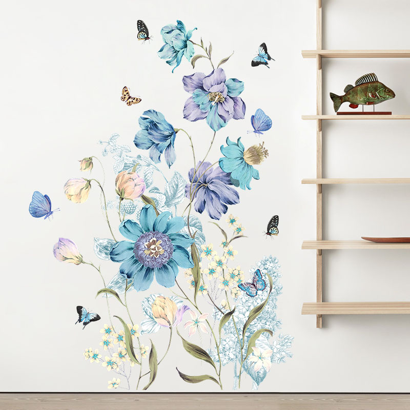 Blue and Purple Flowers Butterfly Wall Stickers for Bedroom Living Room Background Decorative Girl Wall Decals