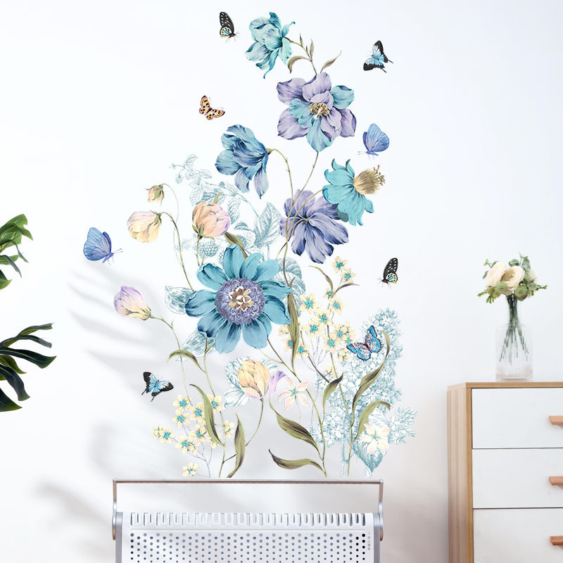 Blue and Purple Flowers Butterfly Wall Stickers for Bedroom Living Room Background Decorative Girl Wall Decals