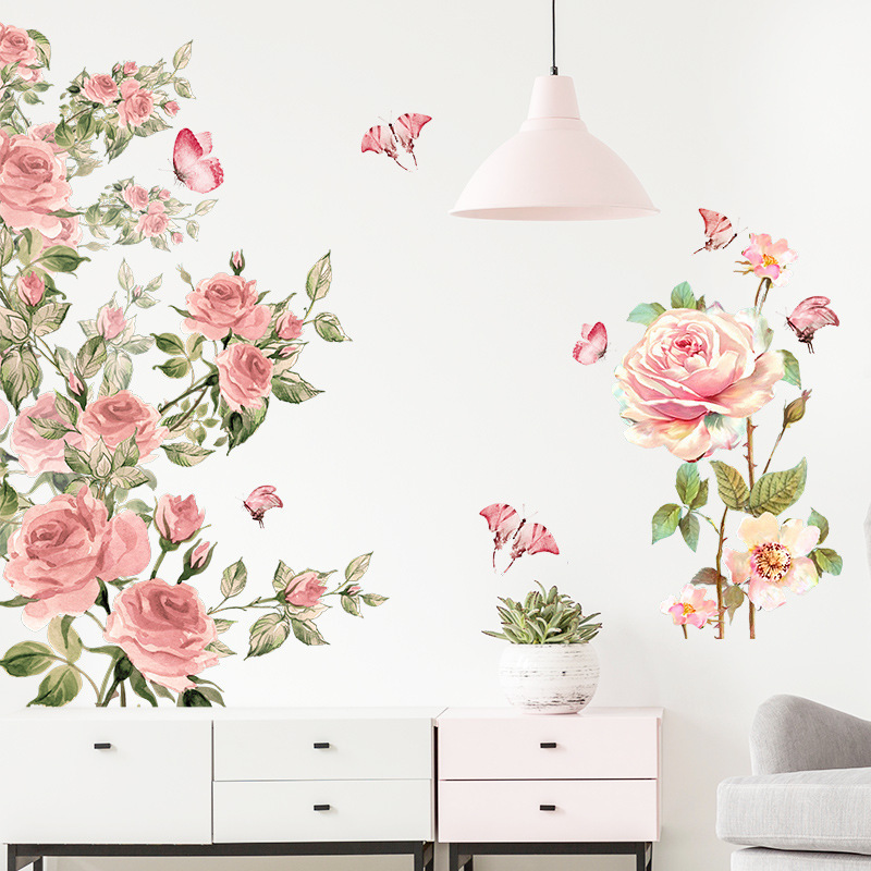 Pink Rose Butterfly Wall Decals for Bedroom Living Room Porch Home Wall Decoration Wall Stickers