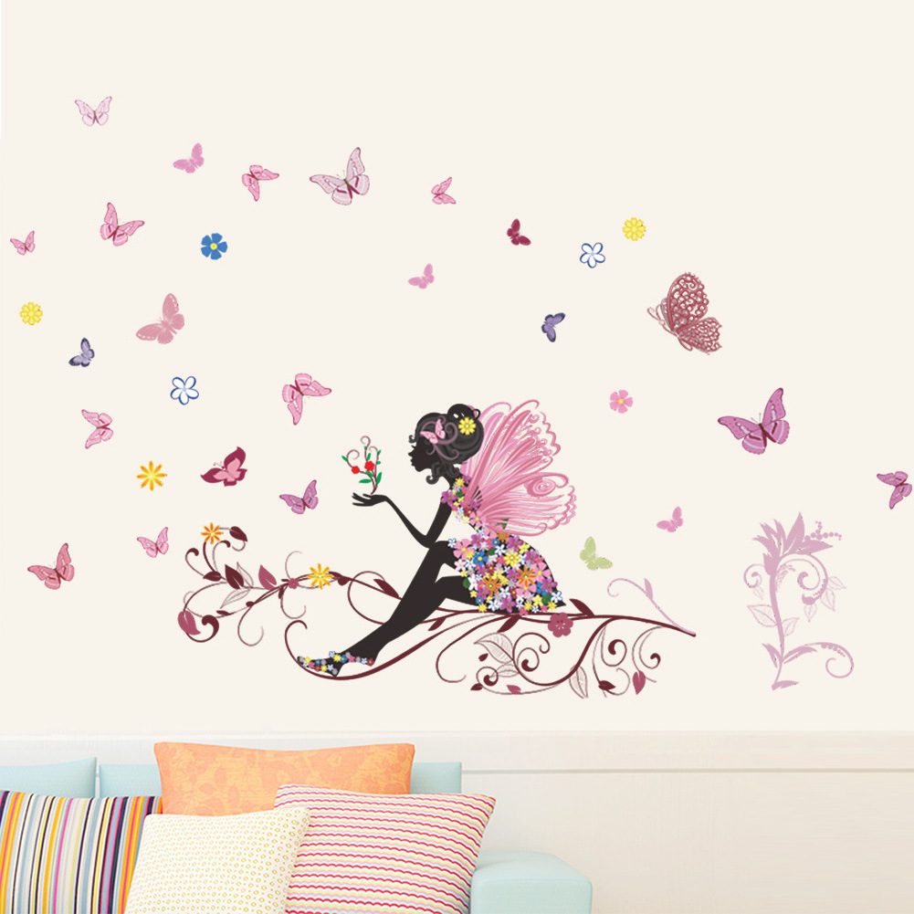 New Butterfly Flower Fairy Wallpaper Branch Wall Decal Bedroom Background Sofa Wall Decoration Wall Stickers