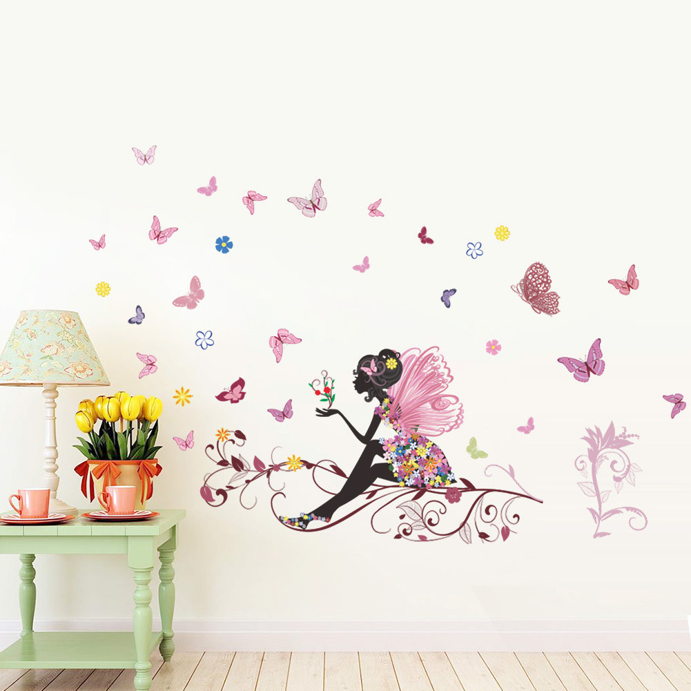 New Butterfly Flower Fairy Wallpaper Branch Wall Decal Bedroom Background Sofa Wall Decoration Wall Stickers