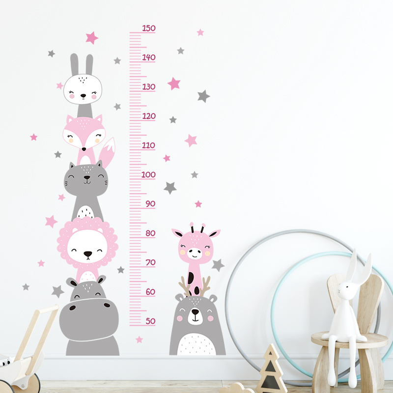 Boho Color Style Smile Animals Bear Lion Hearts Height Measurement Ruler Wall Stickers for Kids Room Baby Nursery Wall Decals