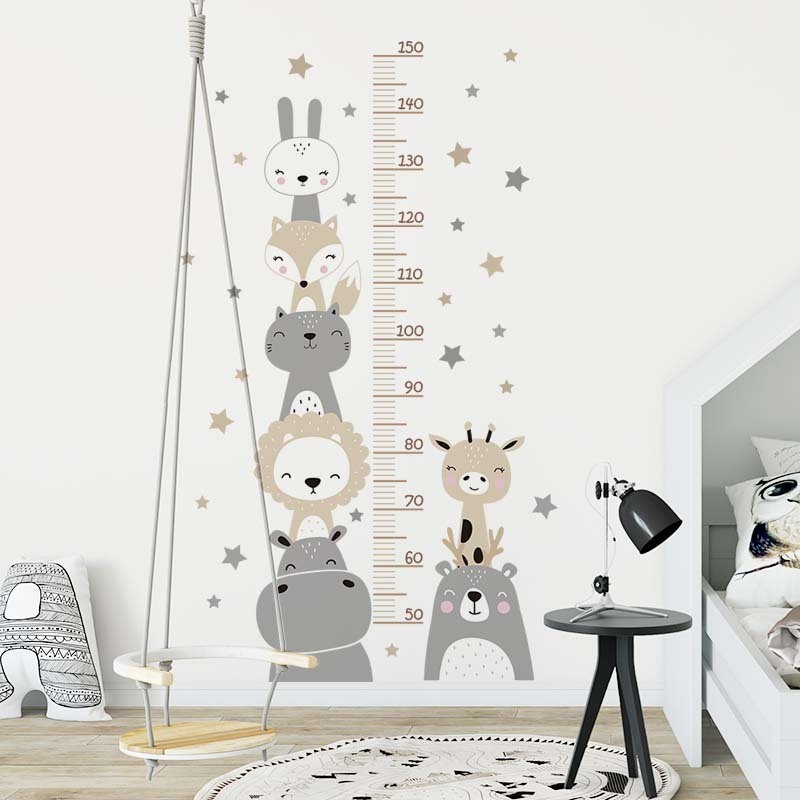 Boho Color Style Smile Animals Bear Lion Hearts Height Measurement Ruler Wall Stickers for Kids Room Baby Nursery Wall Decals