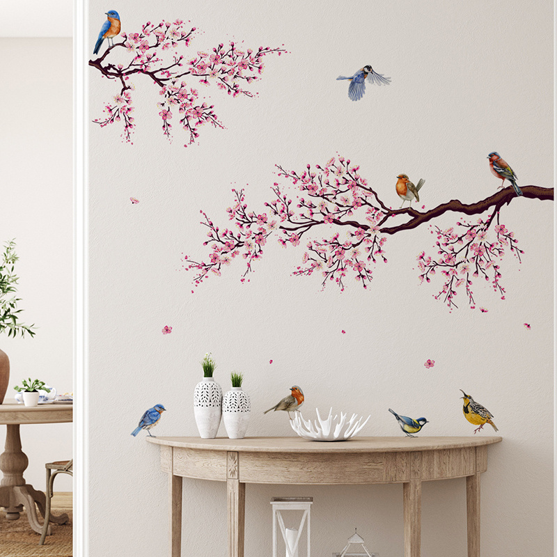 Pink Peach Blossom Flowers Branch Birds Floral Wall Stickers for Bedroom Living Room Furniture Background Decorative Wall Decals