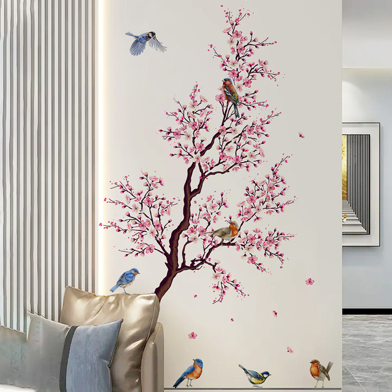 Pink Peach Blossom Flowers Branch Birds Floral Wall Stickers for Bedroom Living Room Furniture Background Decorative Wall Decals