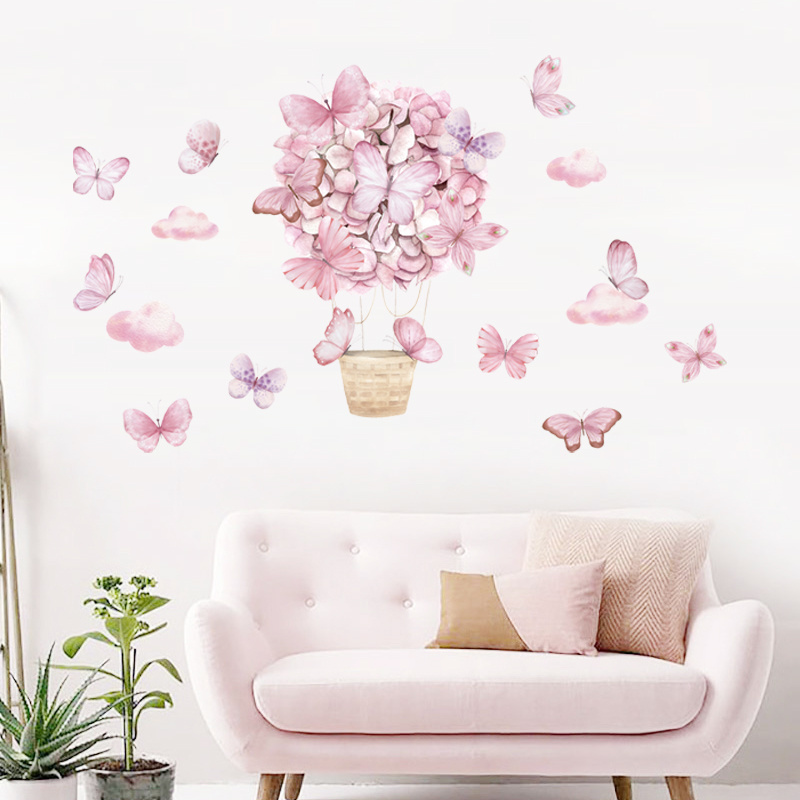 Pink Flower Hot Air Balloon Butterfly Wall Stickers for Kids Room Baby Nursery Bedroom Home Decorative Wall Decals