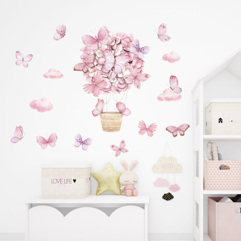 Pink Flower Hot Air Balloon Butterfly Wall Stickers for Kids Room Baby Nursery Bedroom Home Decorative Wall Decals