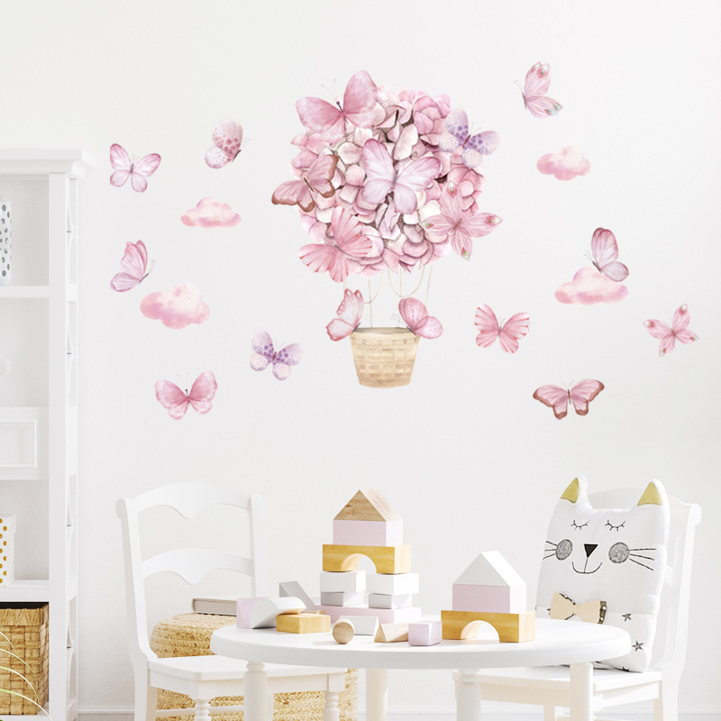 Pink Flower Hot Air Balloon Butterfly Wall Stickers for Kids Room Baby Nursery Bedroom Home Decorative Wall Decals