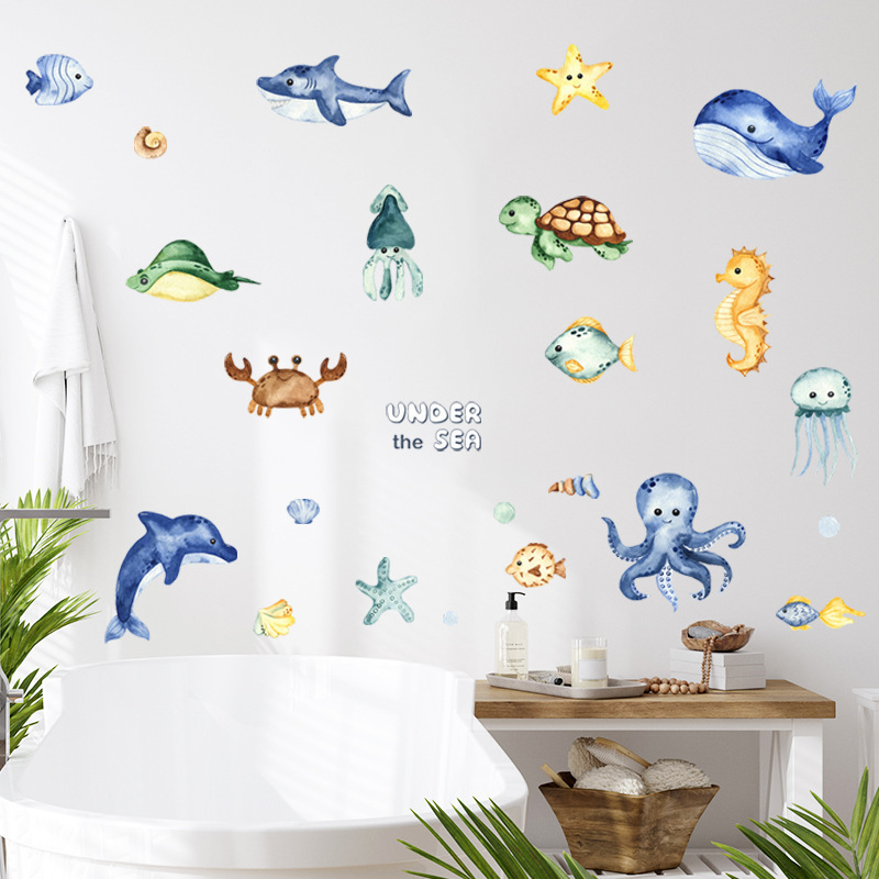 Cartoon Underwater Creatures Turtle Octopus Wall Stickers for Kids Room Bathroom Bedroom Decoration Wall Decal