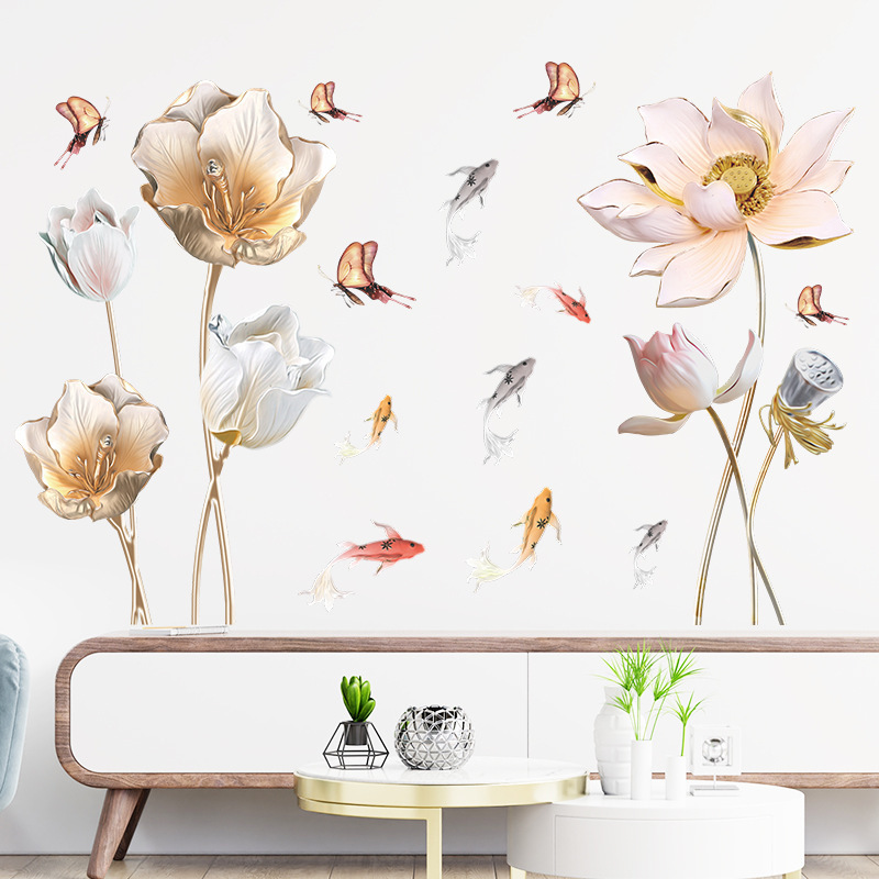 Lotus koi Fish Chinese Wind Wall Stickers for Kids Room Bedroom Living Room Porch Decoration Wall Decal