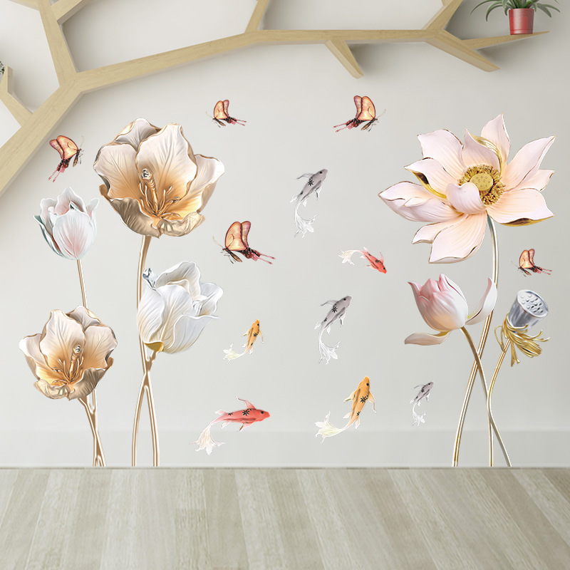 Lotus koi Fish Chinese Wind Wall Stickers for Kids Room Bedroom Living Room Porch Decoration Wall Decal