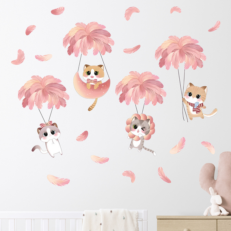 Cartoon Pink Feather Umbrella Cat PVC Wall Stickers for Kids Room Bedroom Nursery Decoration Wall Decal PVC