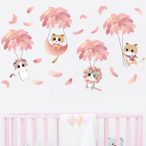 Cartoon Pink Feather Umbrella Cat PVC Wall Stickers for Kids Room Bedroom Nursery Decoration Wall Decal PVC