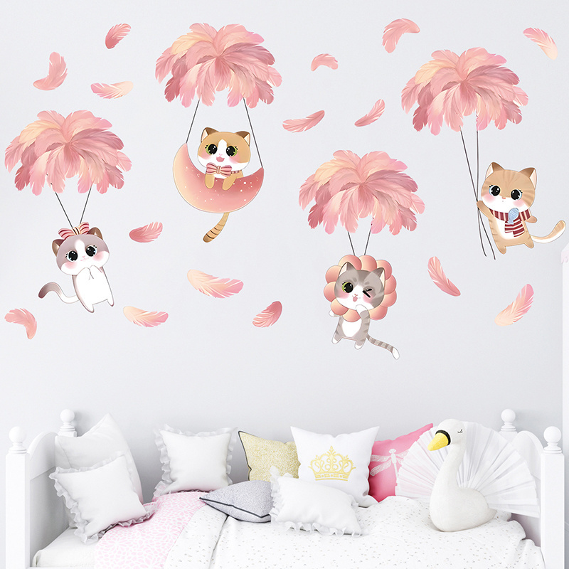 Cartoon Pink Feather Umbrella Cat PVC Wall Stickers for Kids Room Bedroom Nursery Decoration Wall Decal PVC