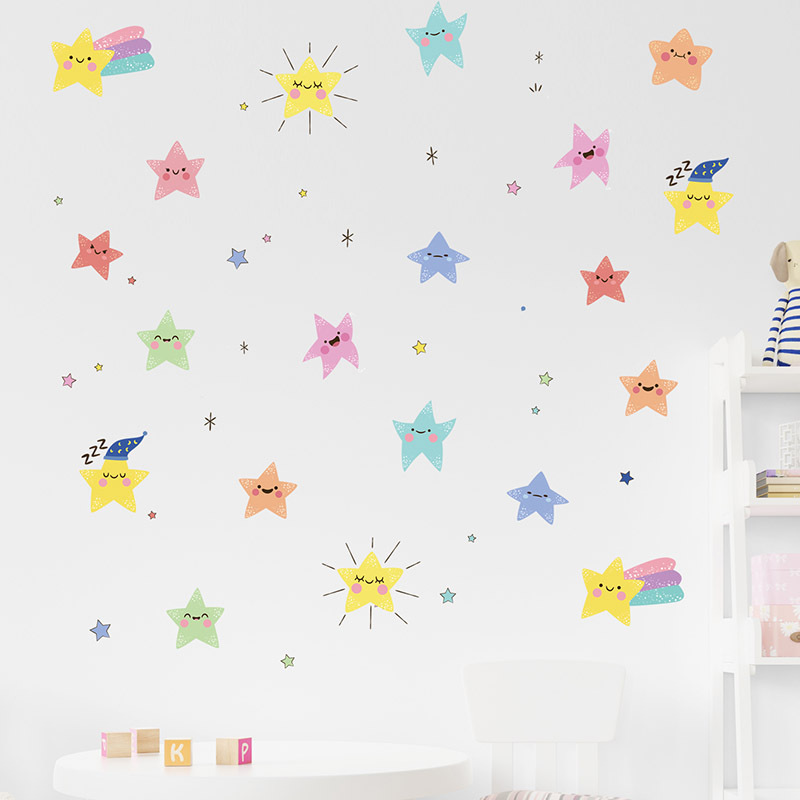 Cute Cartoon Smiley Face Star Wall Stickers for Kids Room Bedroom Nursery Decoration Wall Decal