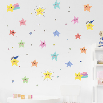 Cute Cartoon Smiley Face Star Wall Stickers for Kids Room Bedroom Nursery Decoration Wall Decal