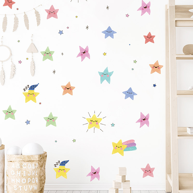 Cute Cartoon Smiley Face Star Wall Stickers for Kids Room Bedroom Nursery Decoration Wall Decal