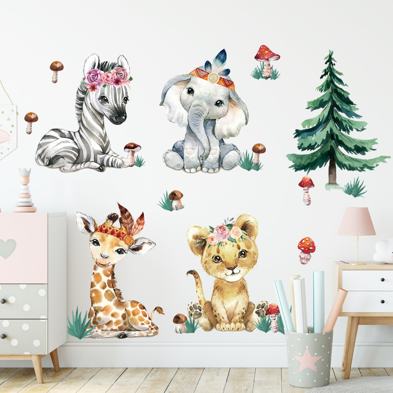 Cartoon Animal Pine Mushroom Wall Stickers for Kids Room Bedroom Nursery Decoration Wall Decal