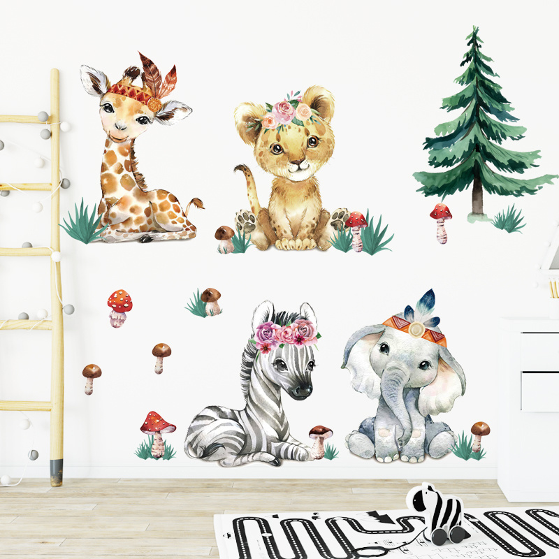 Cartoon Animal Pine Mushroom Wall Stickers for Kids Room Bedroom Nursery Decoration Wall Decal