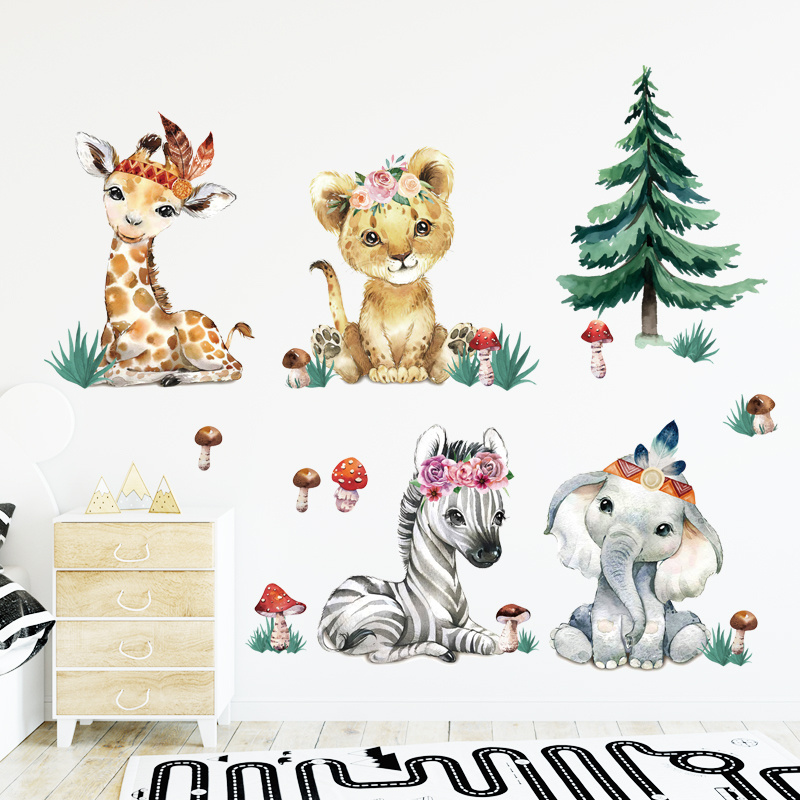 Cartoon Animal Pine Mushroom Wall Stickers for Kids Room Bedroom Nursery Decoration Wall Decal