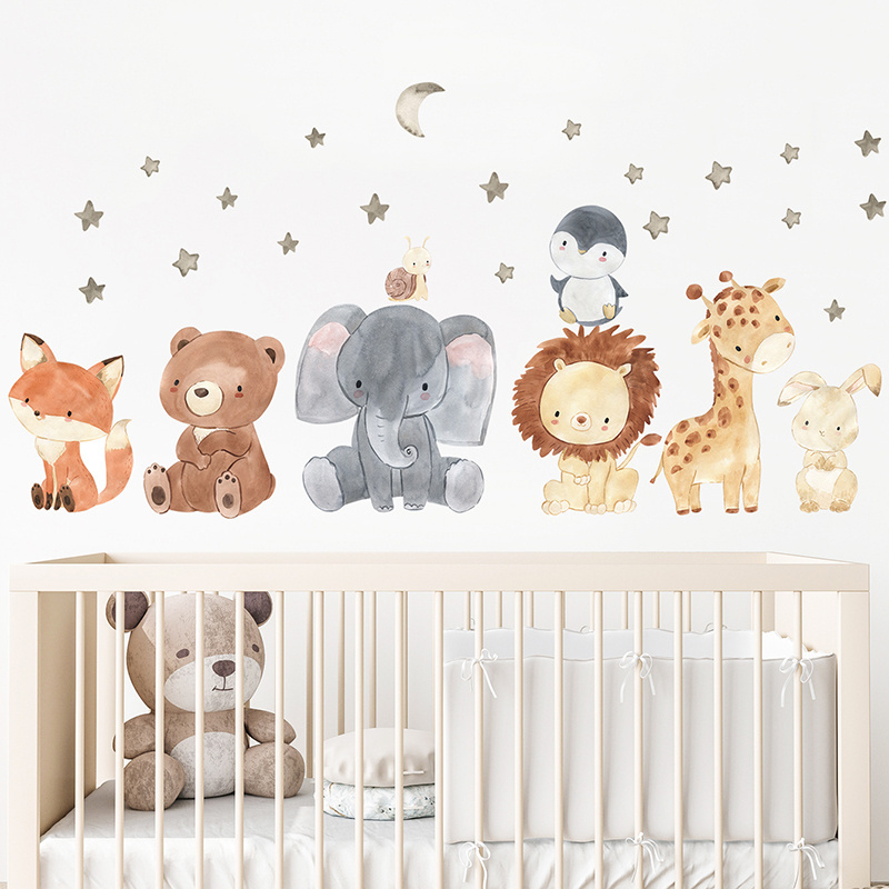 Cartoon Cute Animals Moon Star Wall Stickers for Kids Room Bedroom Living Room Nursery Home Decoration Wall Decals