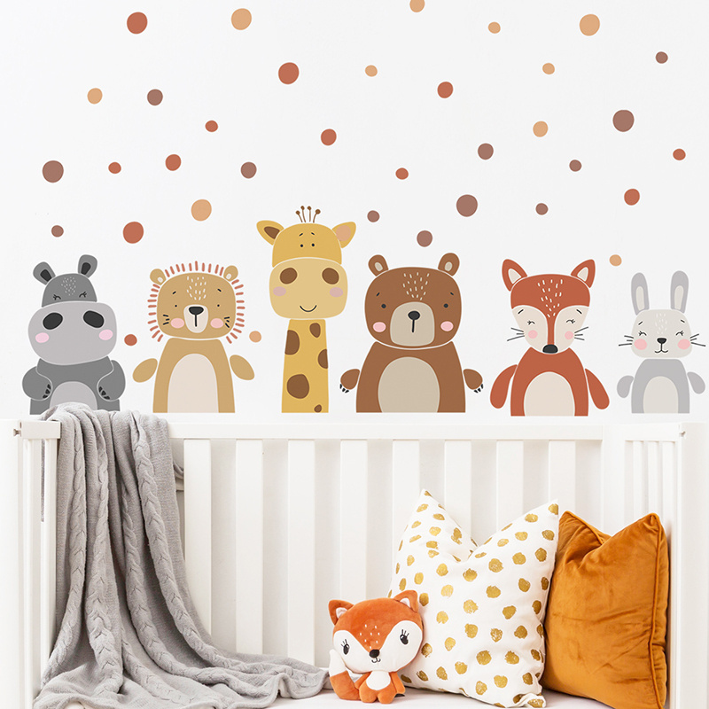 Cartoon Cute Animals Polka Dot Wall Stickers for Kids Room Bedroom Nursery Decoration Wall Decal