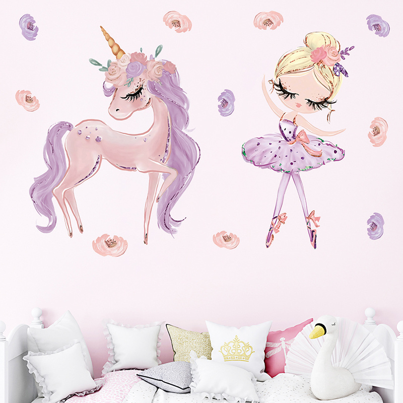 Cartoon Purple Unicorn Ballet Girl Wall Stickers for Kids Room Bedroom Nursery Decoration Wall Decal