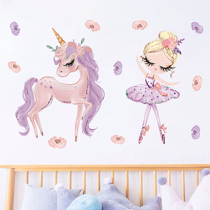 Cartoon Purple Unicorn Ballet Girl Wall Stickers for Kids Room Bedroom Nursery Decoration Wall Decal