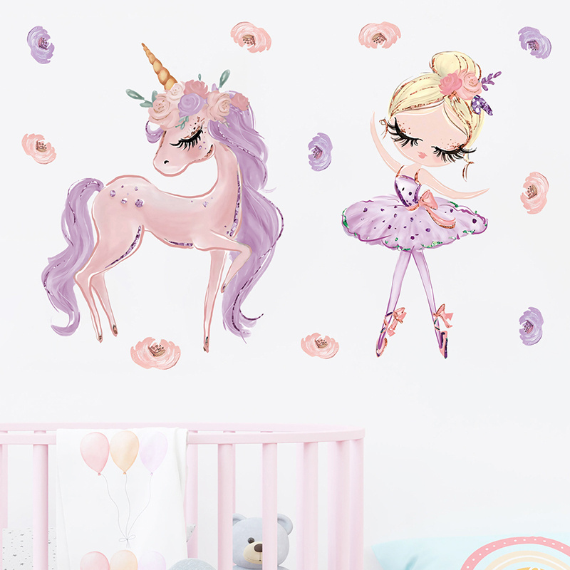 Cartoon Purple Unicorn Ballet Girl Wall Stickers for Kids Room Bedroom Nursery Decoration Wall Decal