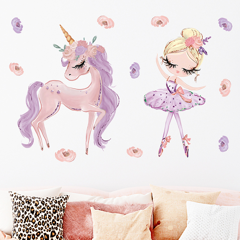 Cartoon Purple Unicorn Ballet Girl Wall Stickers for Kids Room Bedroom Nursery Decoration Wall Decal