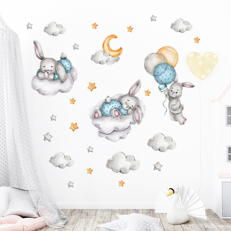 Cartoon Blue Cute Rabbit Clouds Balloon Wall Stickers for Kids Room Bedroom Nursery Decoration Wall Decal