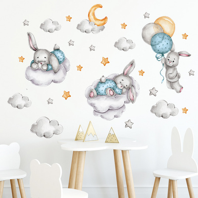 Cartoon Blue Cute Rabbit Clouds Balloon Wall Stickers for Kids Room Bedroom Nursery Decoration Wall Decal