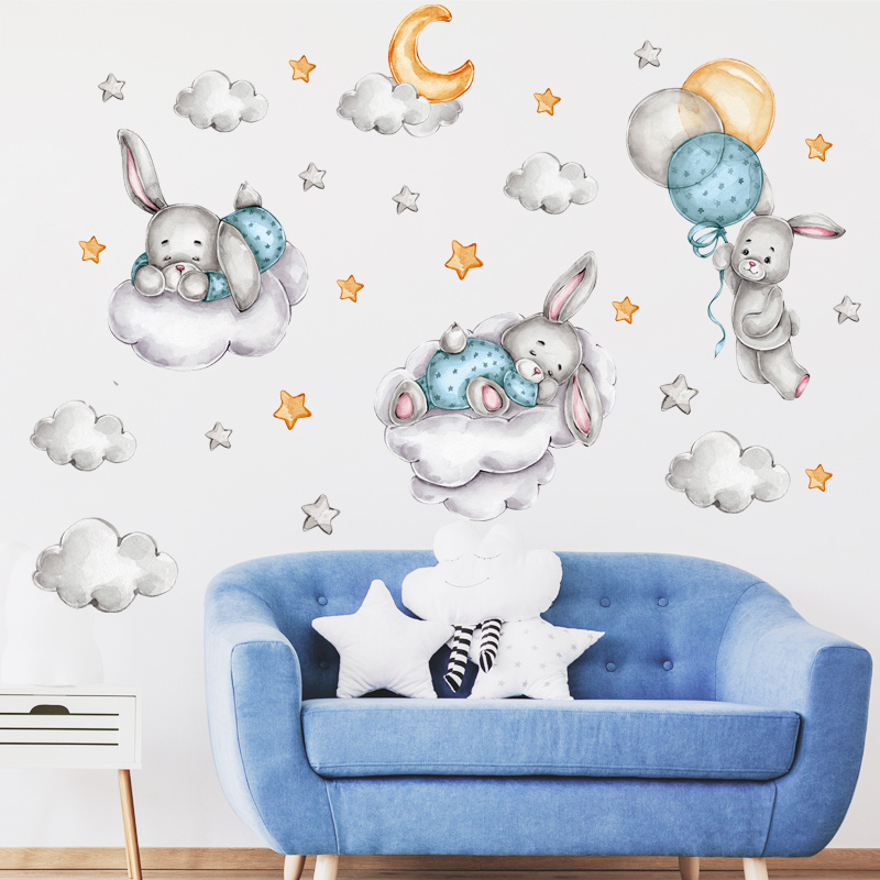 Cartoon Blue Cute Rabbit Clouds Balloon Wall Stickers for Kids Room Bedroom Nursery Decoration Wall Decal