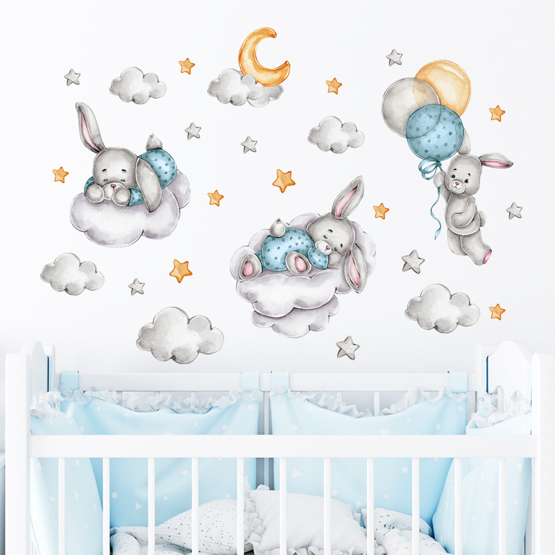 Cartoon Blue Cute Rabbit Clouds Balloon Wall Stickers for Kids Room Bedroom Nursery Decoration Wall Decal