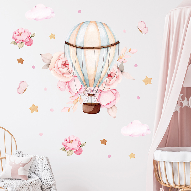 Cartoon Hot Air Balloon Flower Wall Stickers for Kids Room Bedroom Kindergarten Decoration Wall Decal