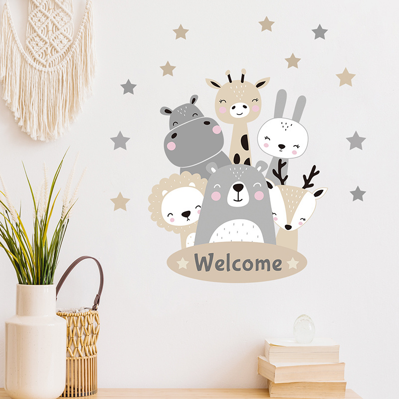 Cartoon Animal Smiling Face Welcome Wall Stickers for Kids Room Bedroom Kindergarten Door Decoration Wall Decal