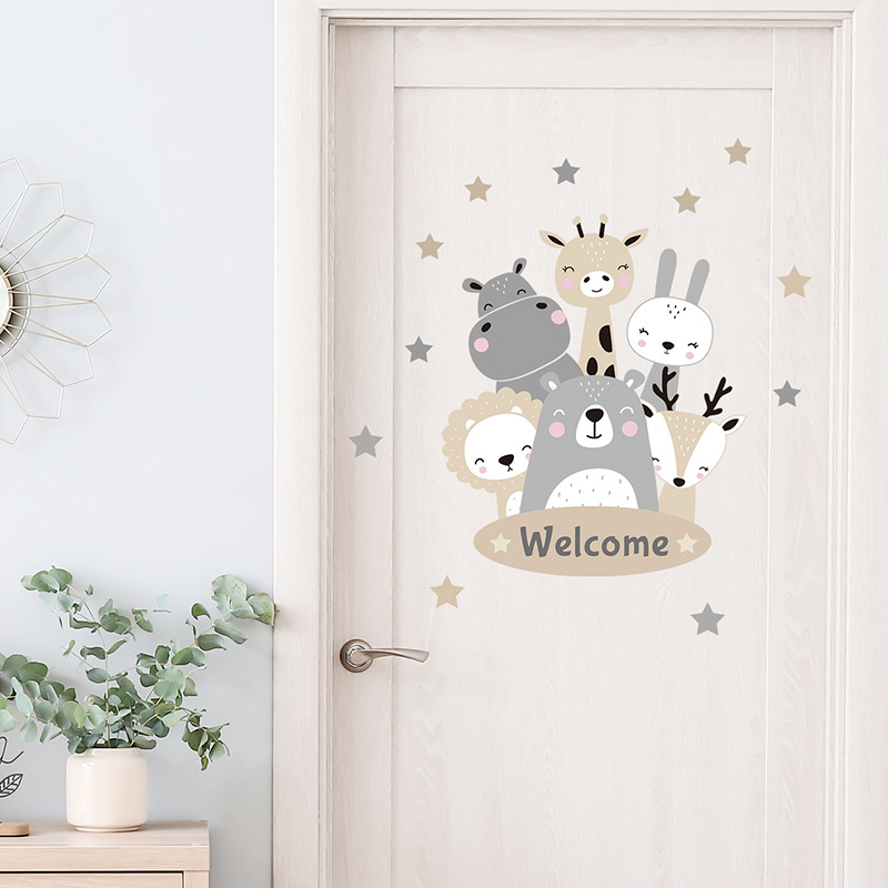 Cartoon Animal Smiling Face Welcome Wall Stickers for Kids Room Bedroom Kindergarten Door Decoration Wall Decal