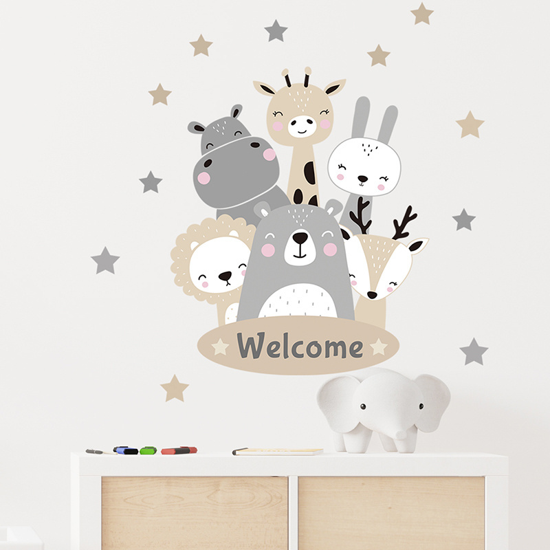 Cartoon Animal Smiling Face Welcome Wall Stickers for Kids Room Bedroom Kindergarten Door Decoration Wall Decal