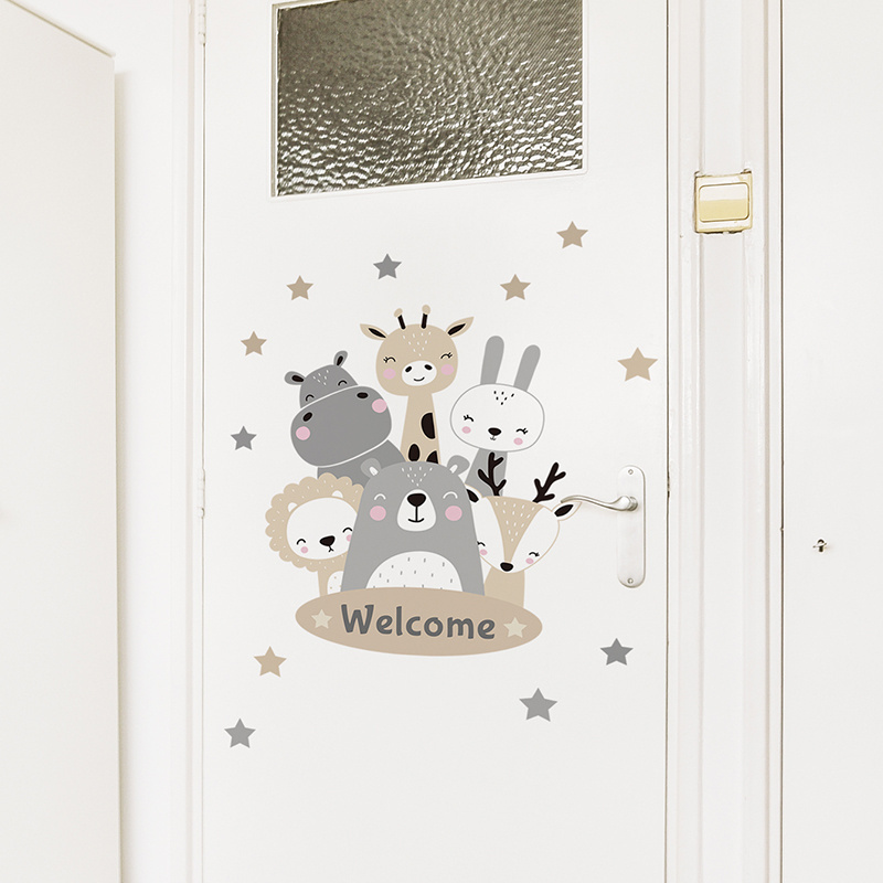 Cartoon Animal Smiling Face Welcome Wall Stickers for Kids Room Bedroom Kindergarten Door Decoration Wall Decal