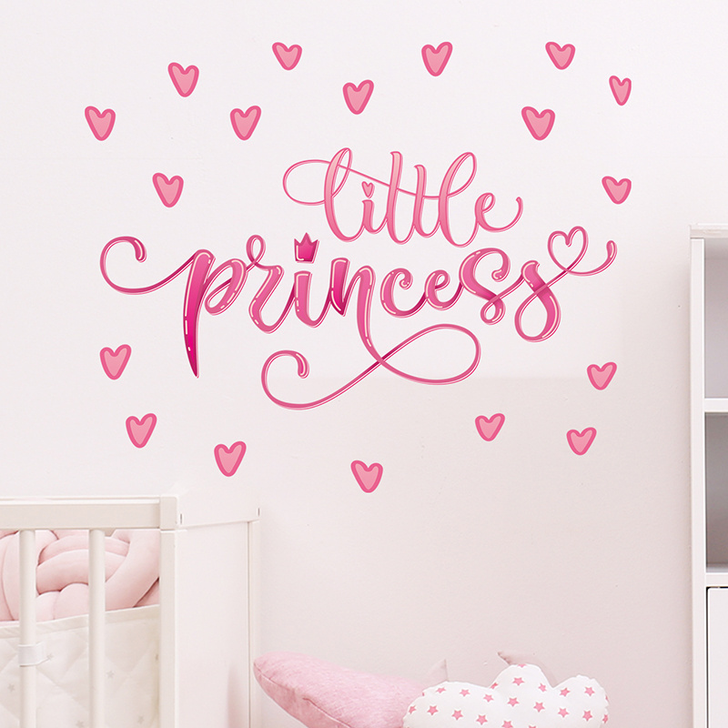 Pink Little Princess Character Crown Wall Stickers for Kids Room Girl Room Wall Decals Home Decorative Stickers Murals Wallpaper