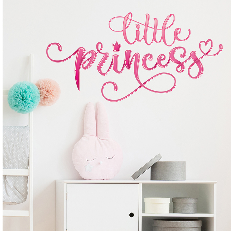 Pink Little Princess Character Crown Wall Stickers for Kids Room Girl Room Wall Decals Home Decorative Stickers Murals Wallpaper